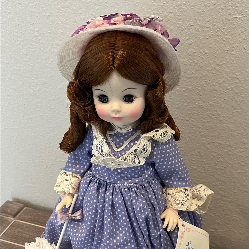 Madame Alexander Porcelain Doll, 14” Sargent with Purple Dress with white & Hat